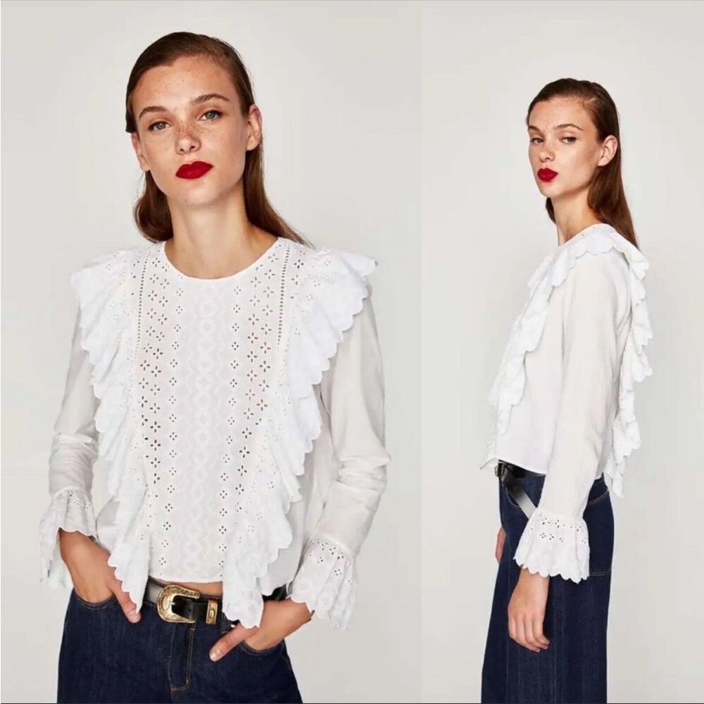 Zara Trafaluc white eyelit lace ruffle blouse top XS